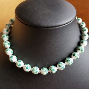 Ceramic Green/White Floral Beads & Pearl Necklace